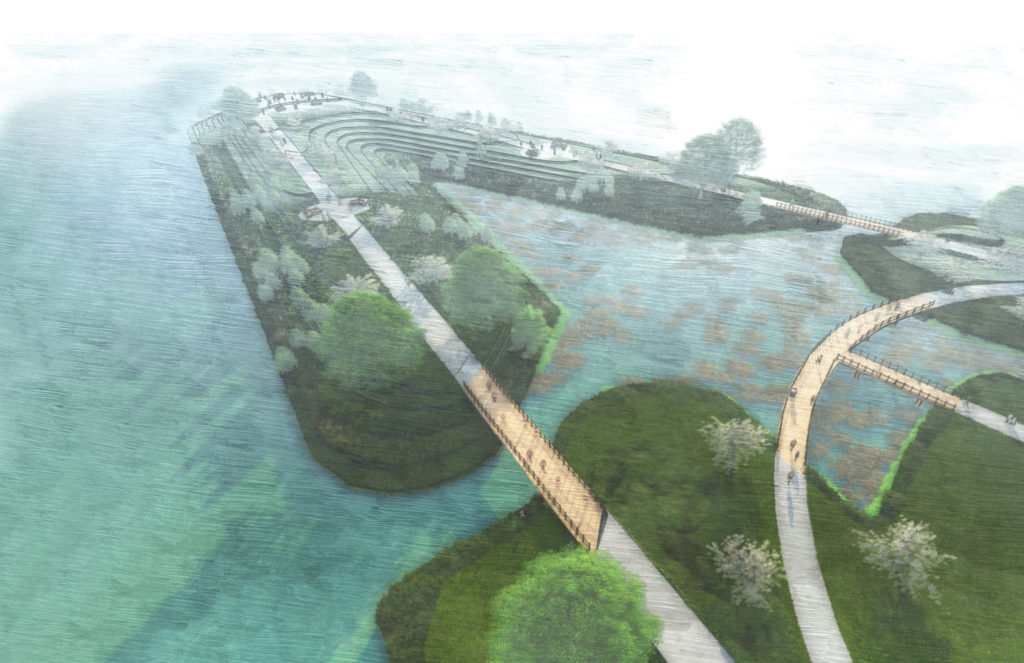 A rendering of a hillside enclosing a wetland landscape with boardwalks.