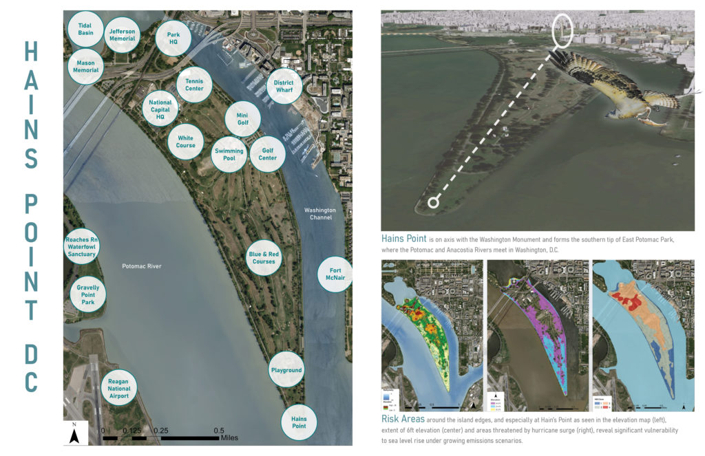 A spread depicting an artificial island in Washington DC, and the island's proximity to the Washington Monument. An additional image of elevation and flood risk of the island is at the bottom of the page.