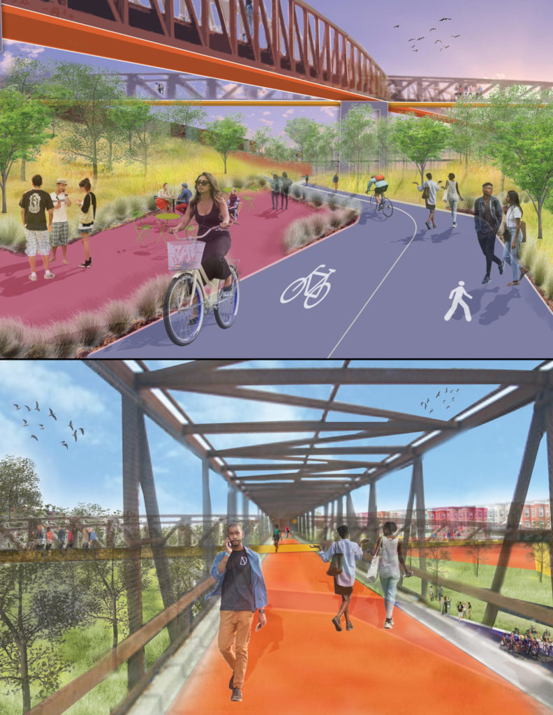 Two renderings. The top rendering shows people walking and on bikes on a trail between hillsides with bridges overhead. The bottom image is atop the bridge showing people walking across the bridge with the hillsides below.
