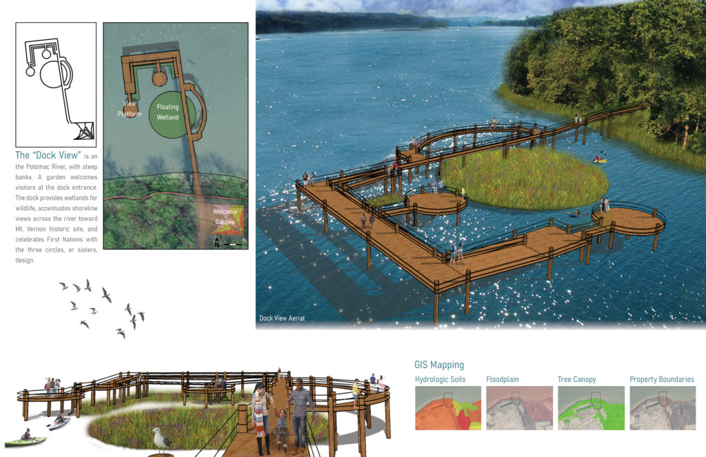 An image with landscape architecture site plans and 3D models of a boat dock in a river area with trees on the shoreline.